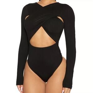 Naked Wardrobe Elegant Black Twist Bodysuit
